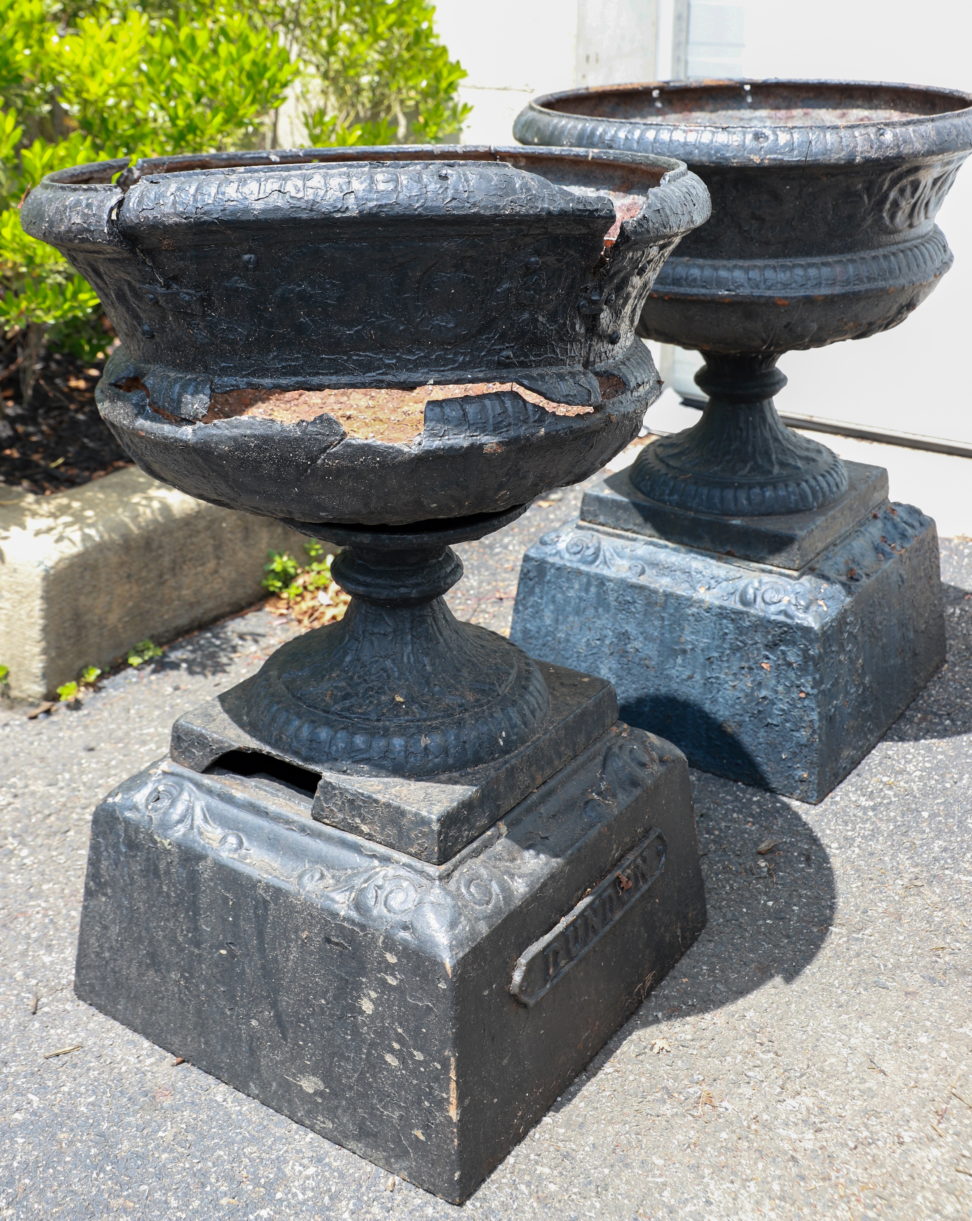 Pair cast iron 3 pc urn form planters  3b63a4