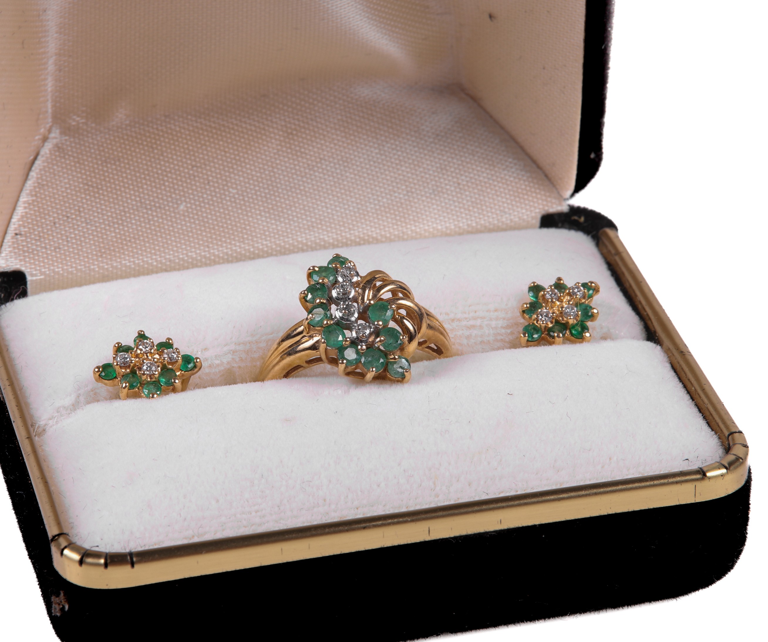 14K YG green stone ring and earrings