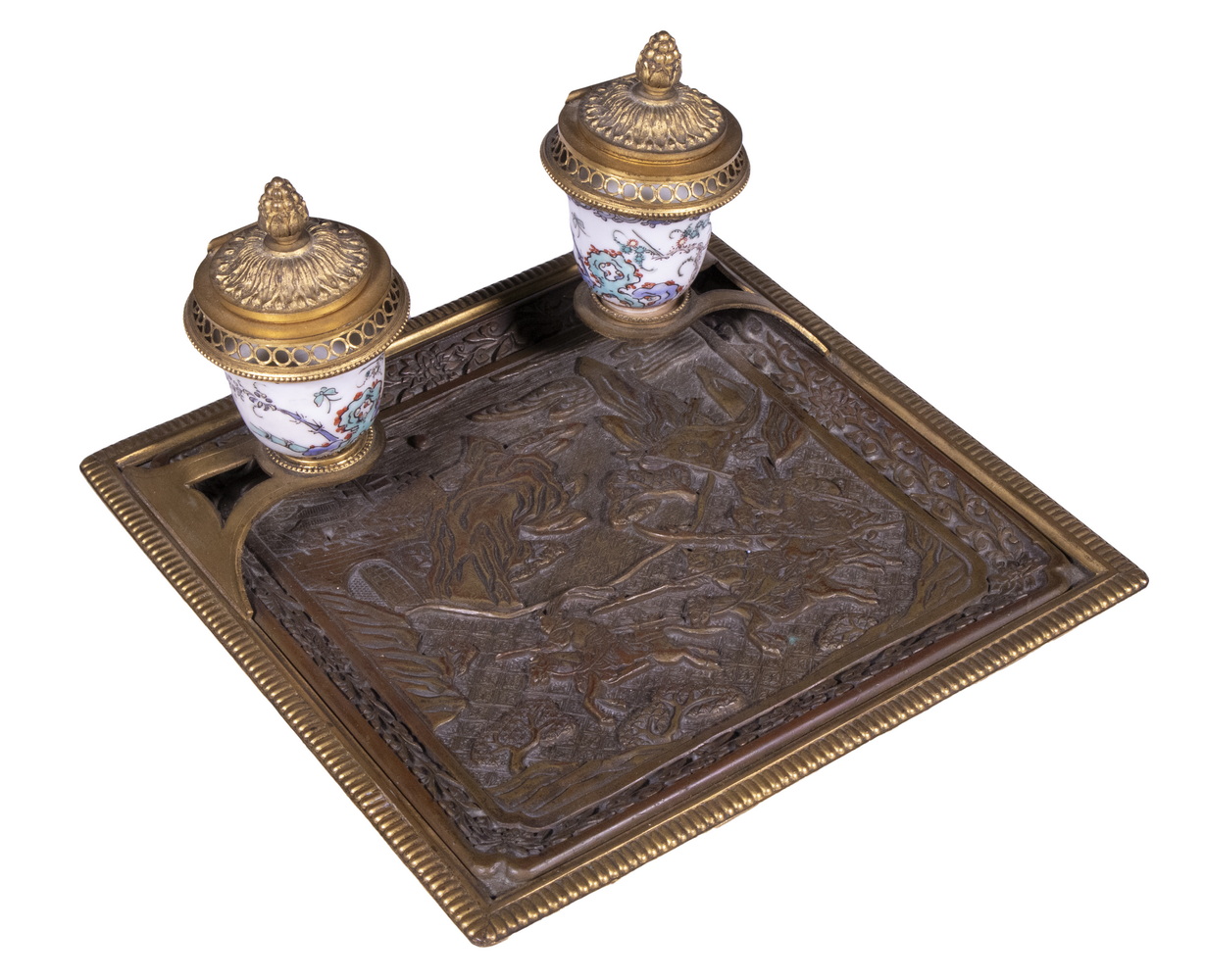 FRENCH BRONZE & PORCELAIN INKSTAND Late