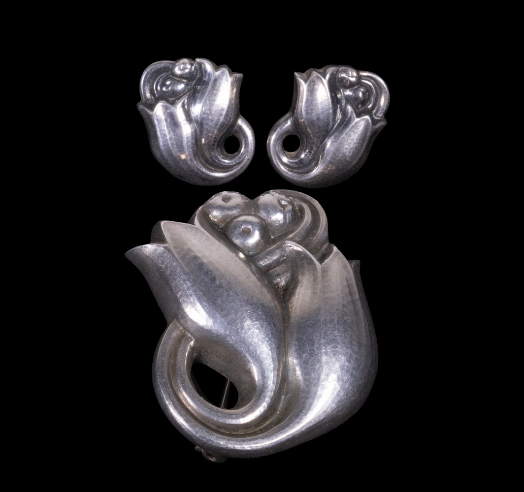 GEORG JENSEN TULIP DESIGN BROOCH & EARRINGS