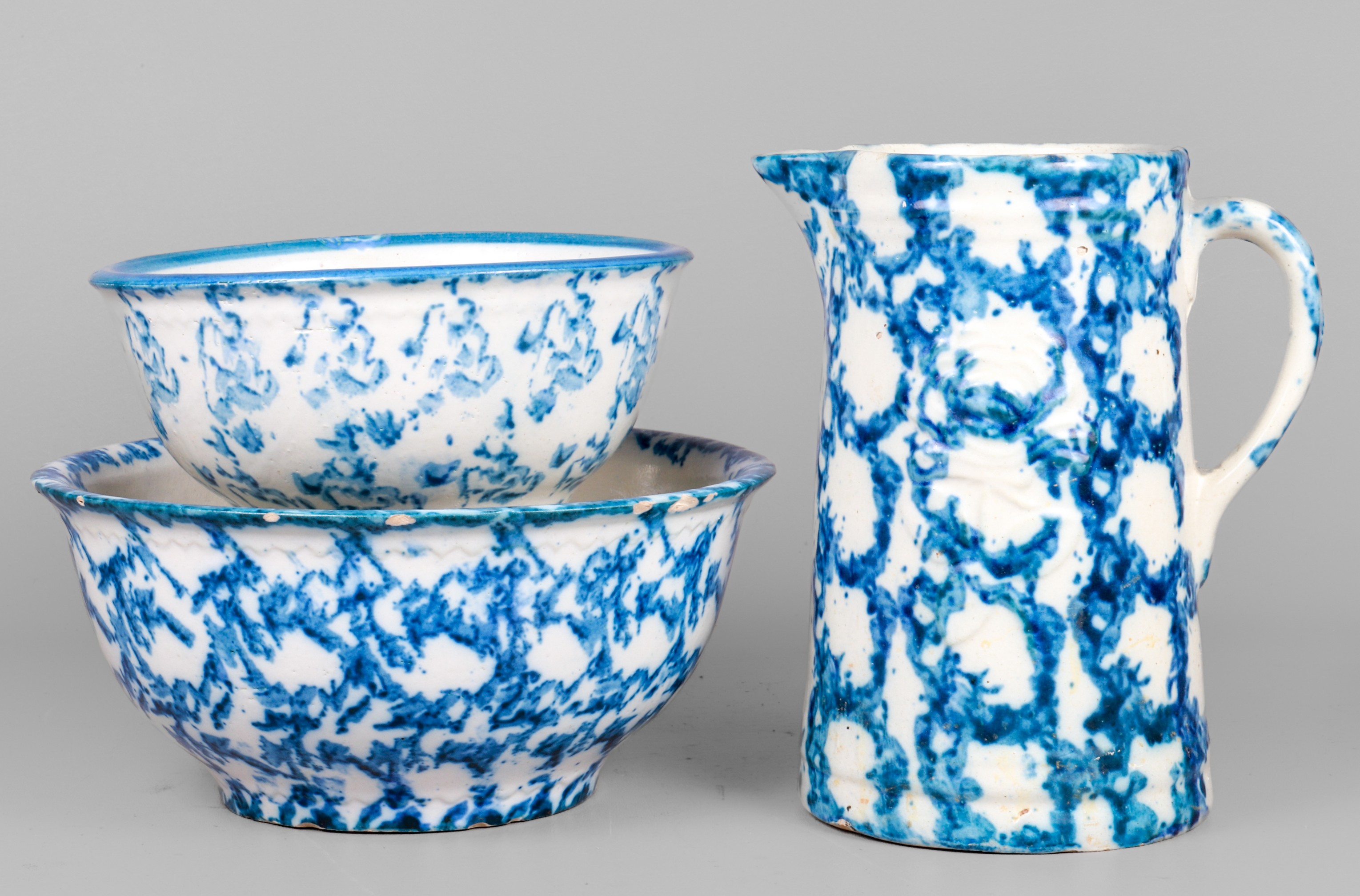 (2) Spongeware bowls and pitcher