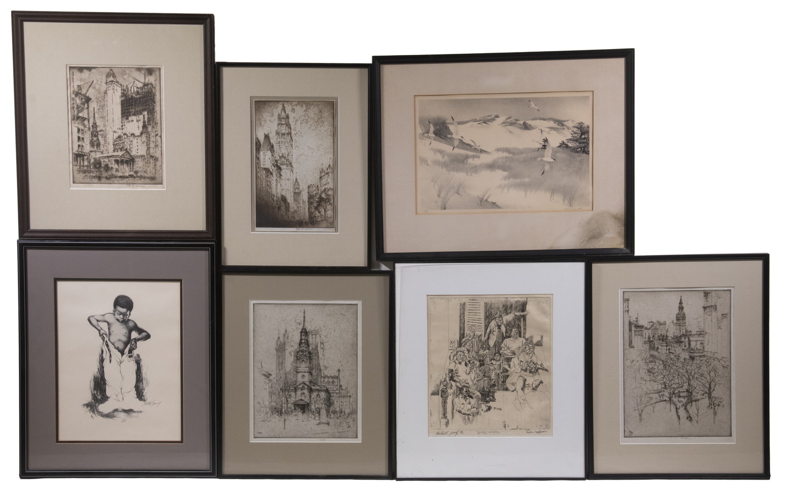 (GROUP OF 7) FRAMED ETCHINGS, 1910'S-70'S