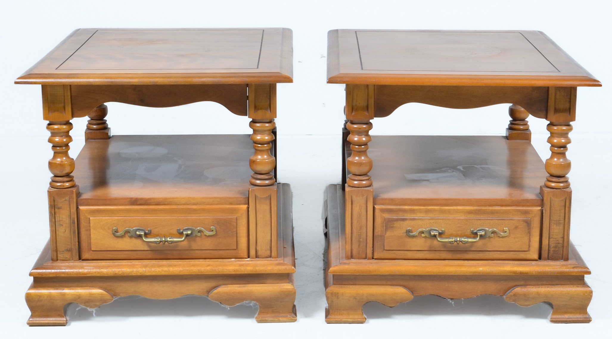 Pair walnut 2-tier end tables, single