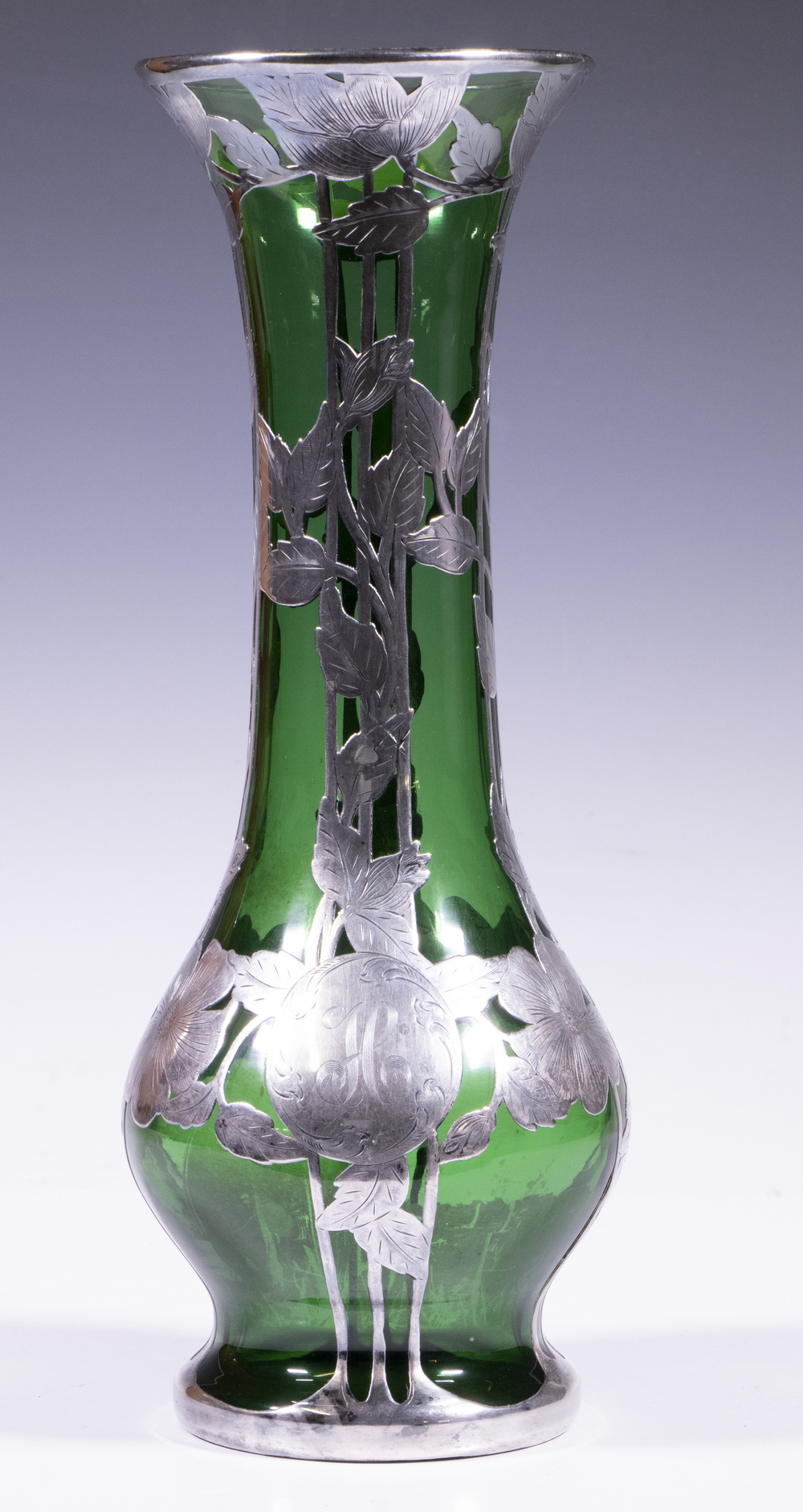 ART NOUVEAU SILVER OVERLAY GREEN GLASS