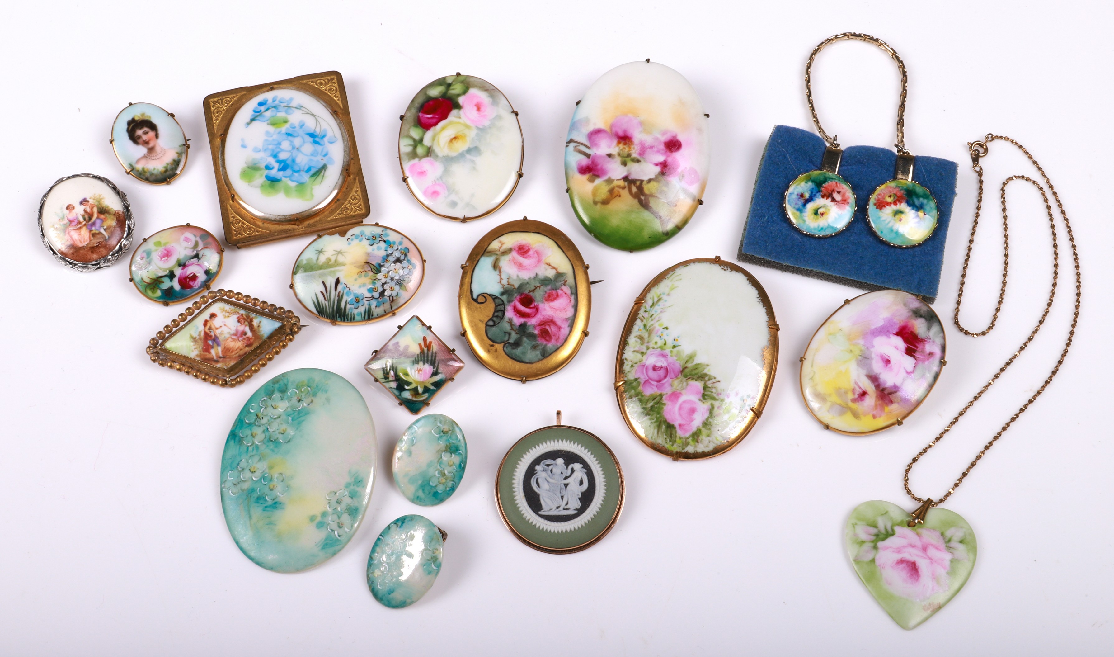 Painted porcelain jewelry group to include