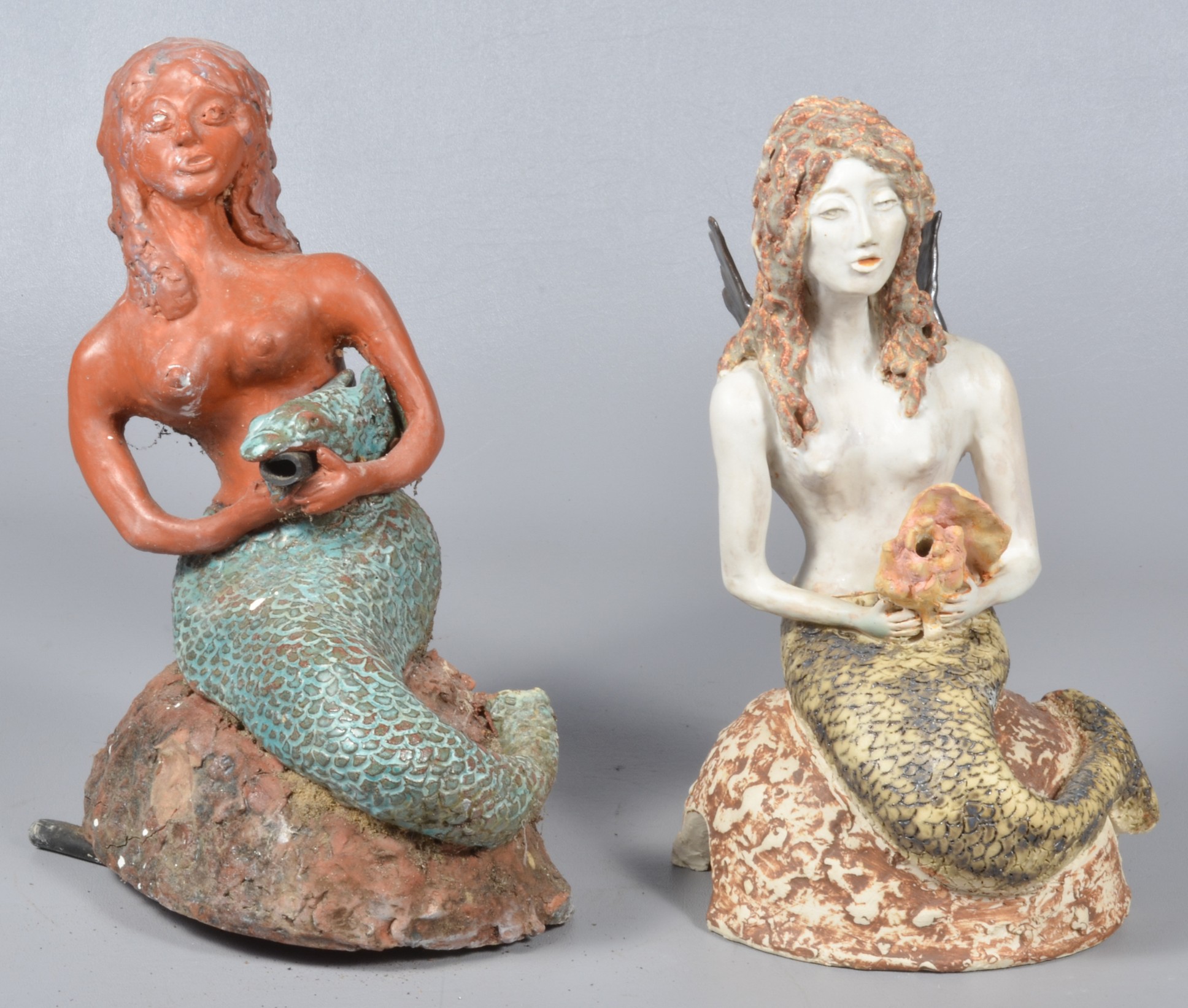 (2) Small pottery mermaid sculpture
