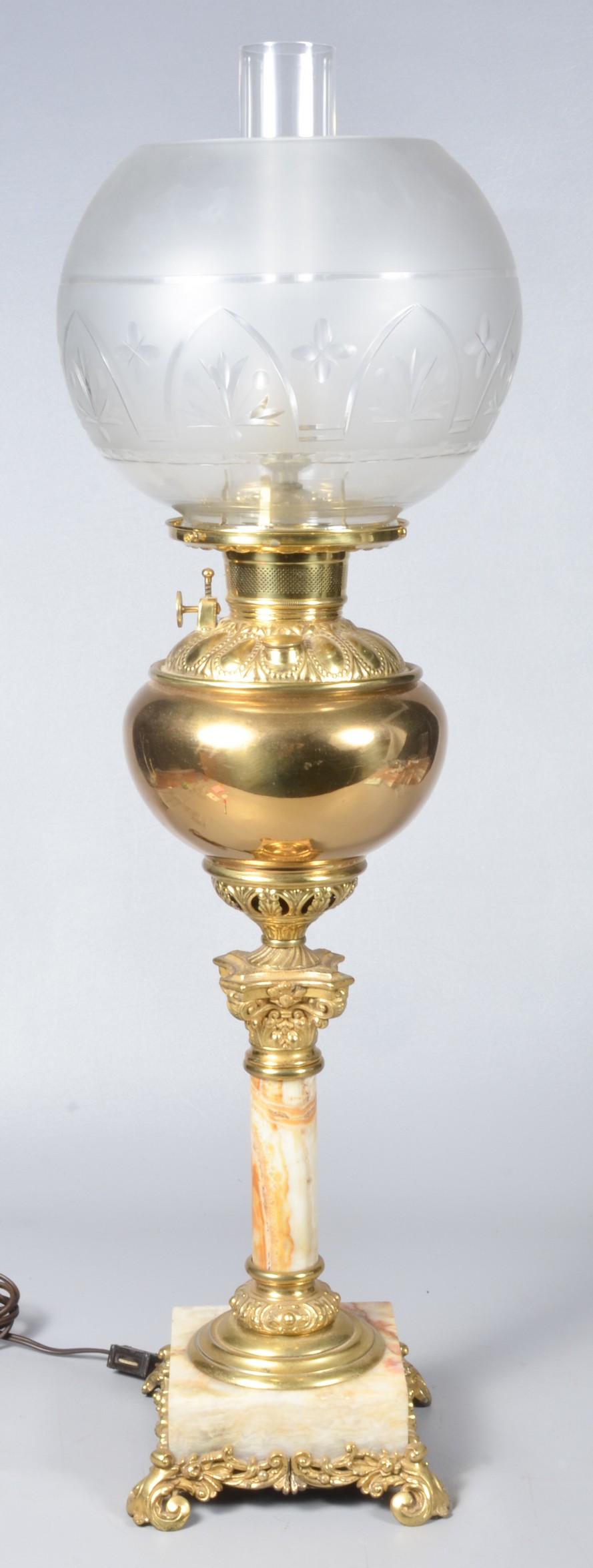 Brass & marble banquet lamp, frosted