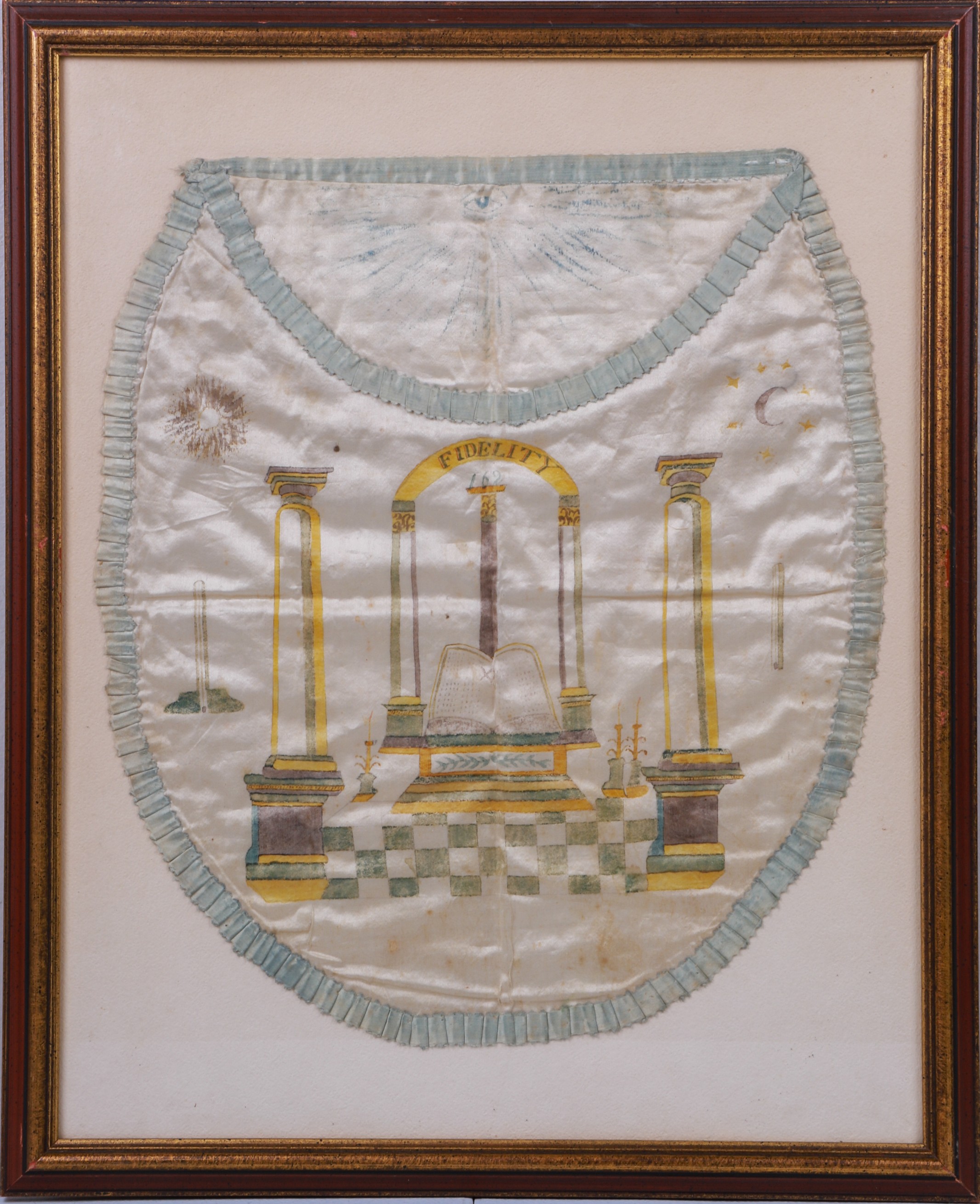 Framed Masonic apron, hand painted on