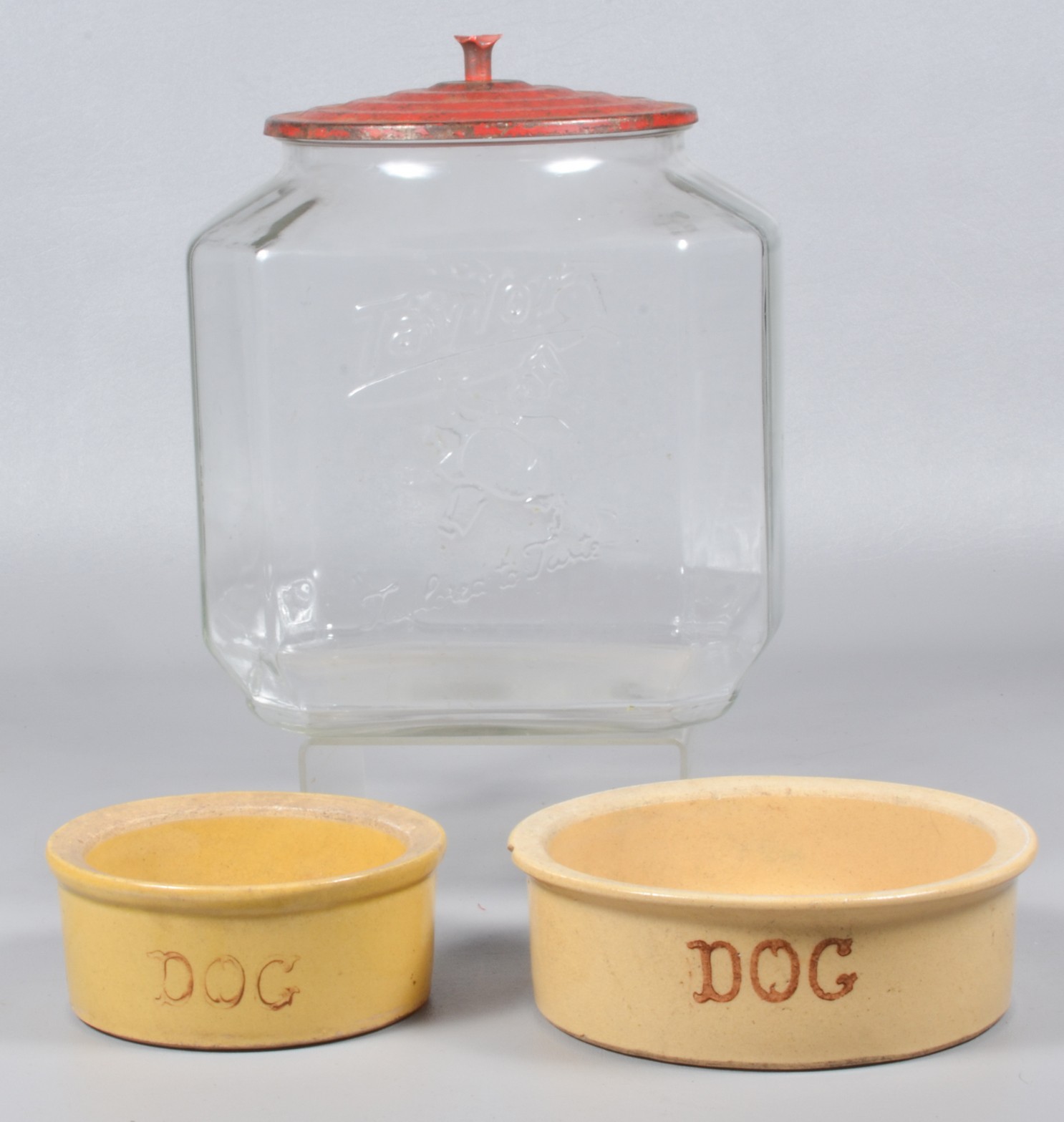 Pair Yellowware stoneware dog bowls 3b6aa4