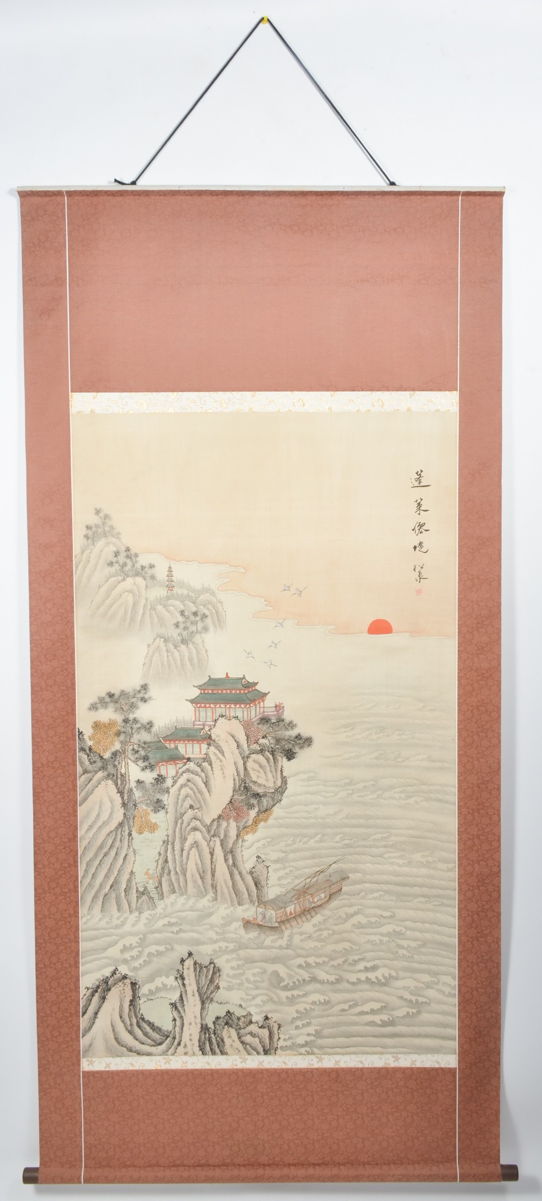 Chinese scroll, sunset lake landscape