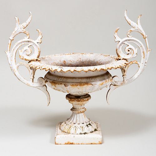 FINE WHITE PAINTED GARDEN URN, STAMPED