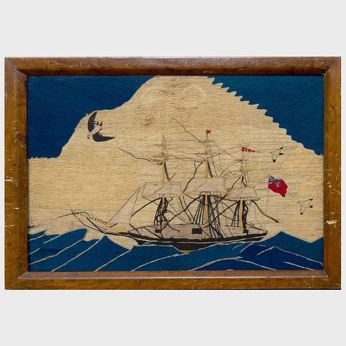 ENGLISH WOOLWORK PICTURE OF A SHIP WITH