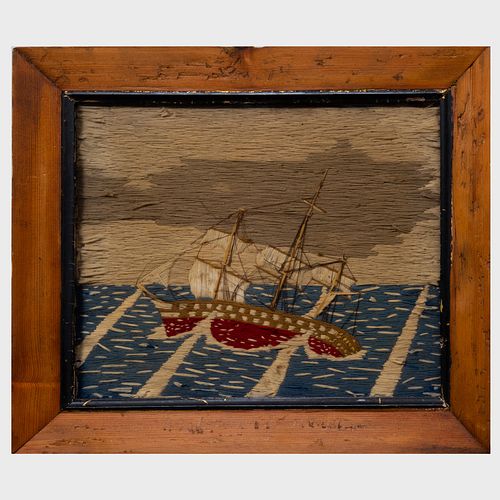 ENGLISH WOOLWORK PICTURE OF A SINKING 3b9274