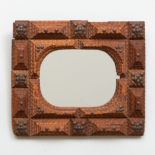 TRAMP ART BRASS AND WOOD MIRROR12