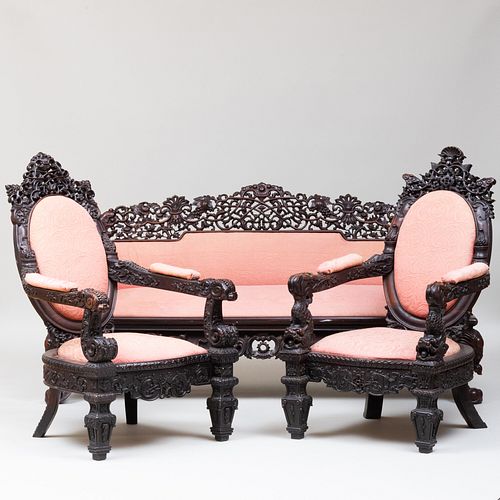 CHINESE EXPORT CARVED HARDWOOD AND UPHOLSTERED