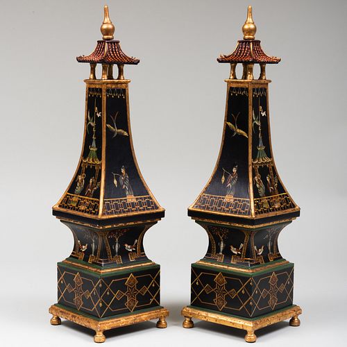 PAIR OF BLACK PAINTED PAGODA FORM