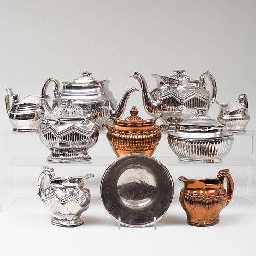 GROUP OF TEN COPPER AND SILVER LUSTERWARE