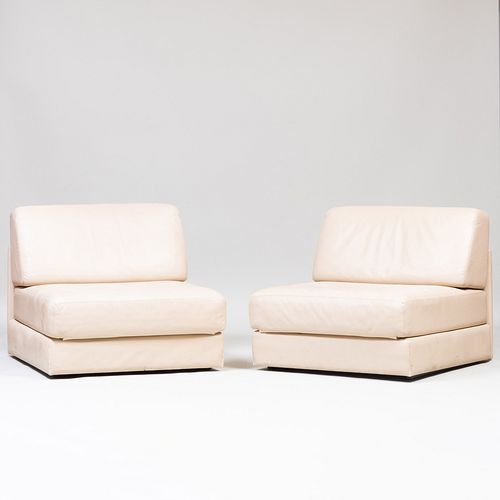 PAIR OF DE SEDE TAUPE LEATHER UPHOLSTERED