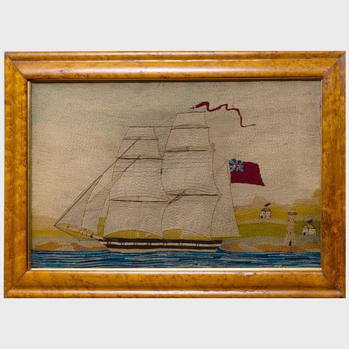 ENGLISH WOOLWORK PICTURE OF A SCHOONER 3b944b