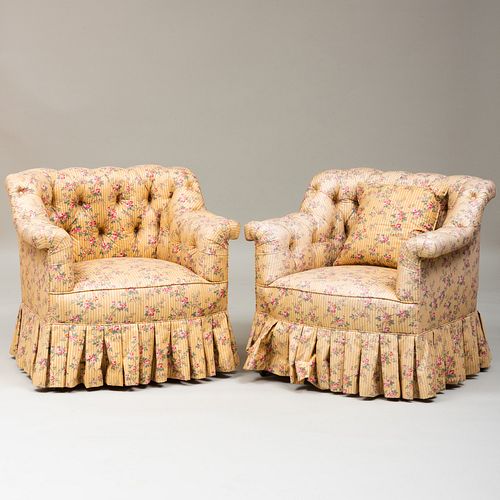 PAIR OF COTTON CHINTZ TUFTED UPHOLSTERED