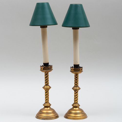 PAIR OF GOTHIC BRASS CANDLESTICKS 3b9629