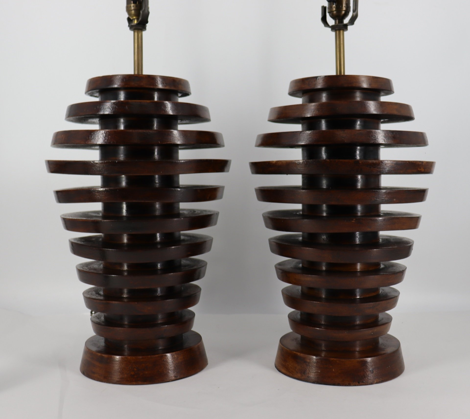 A VINTAGE PAIR OF WOOD SPIRAL LAMPS.