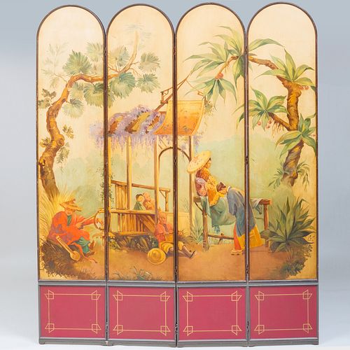 FOUR PANEL PAINTED SCREEN, IN THE