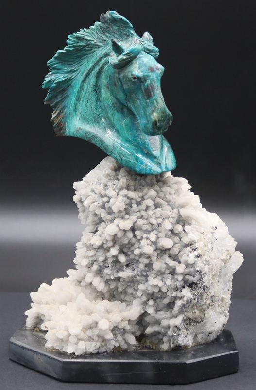 CARVED CHRYSOCOLLA HORSE ON A QUARTZ