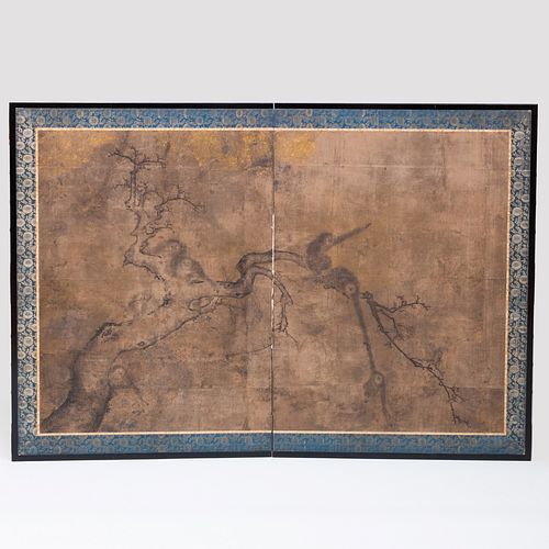 JAPANESE TWO PANEL SCREEN OF GIBBONS 3b9991