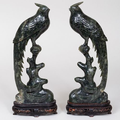 PAIR OF CHINESE SPINACH GREEN HARDSTONE