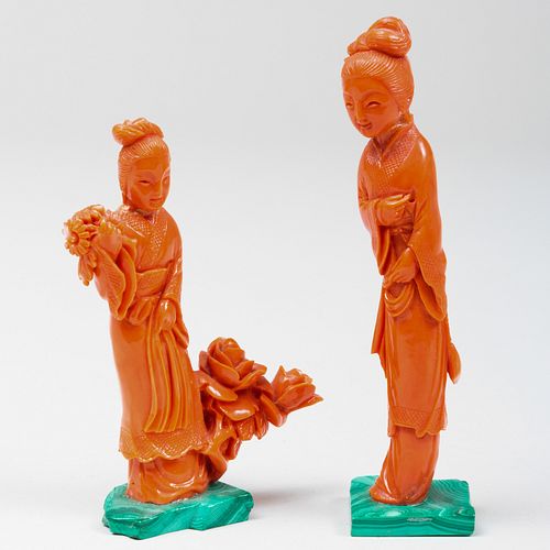 TWO CHINESE CORAL CARVED FIGURES