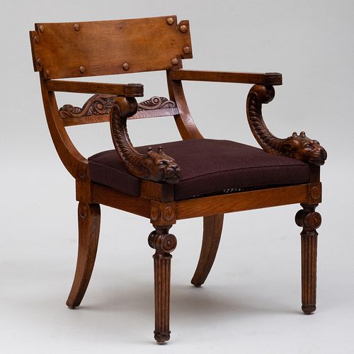 REGENCY CARVED OAK AND CANED ARMCHAIR 3b99fc