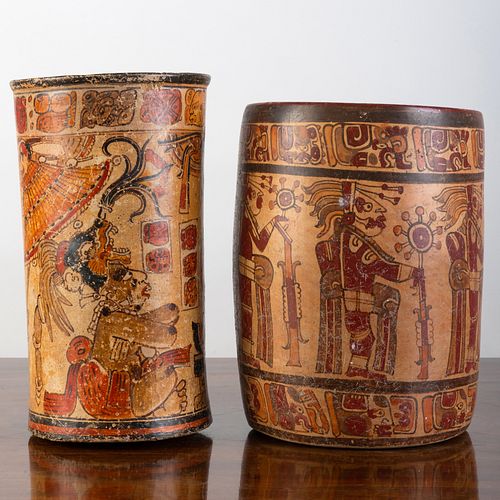 TWO MAYAN POLYCHROME POTTERY CYLINDRICAL 3b9aae