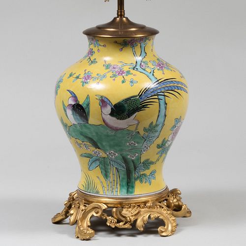 CHINESE FAMILLE-JAUNE VASE MOUNTED