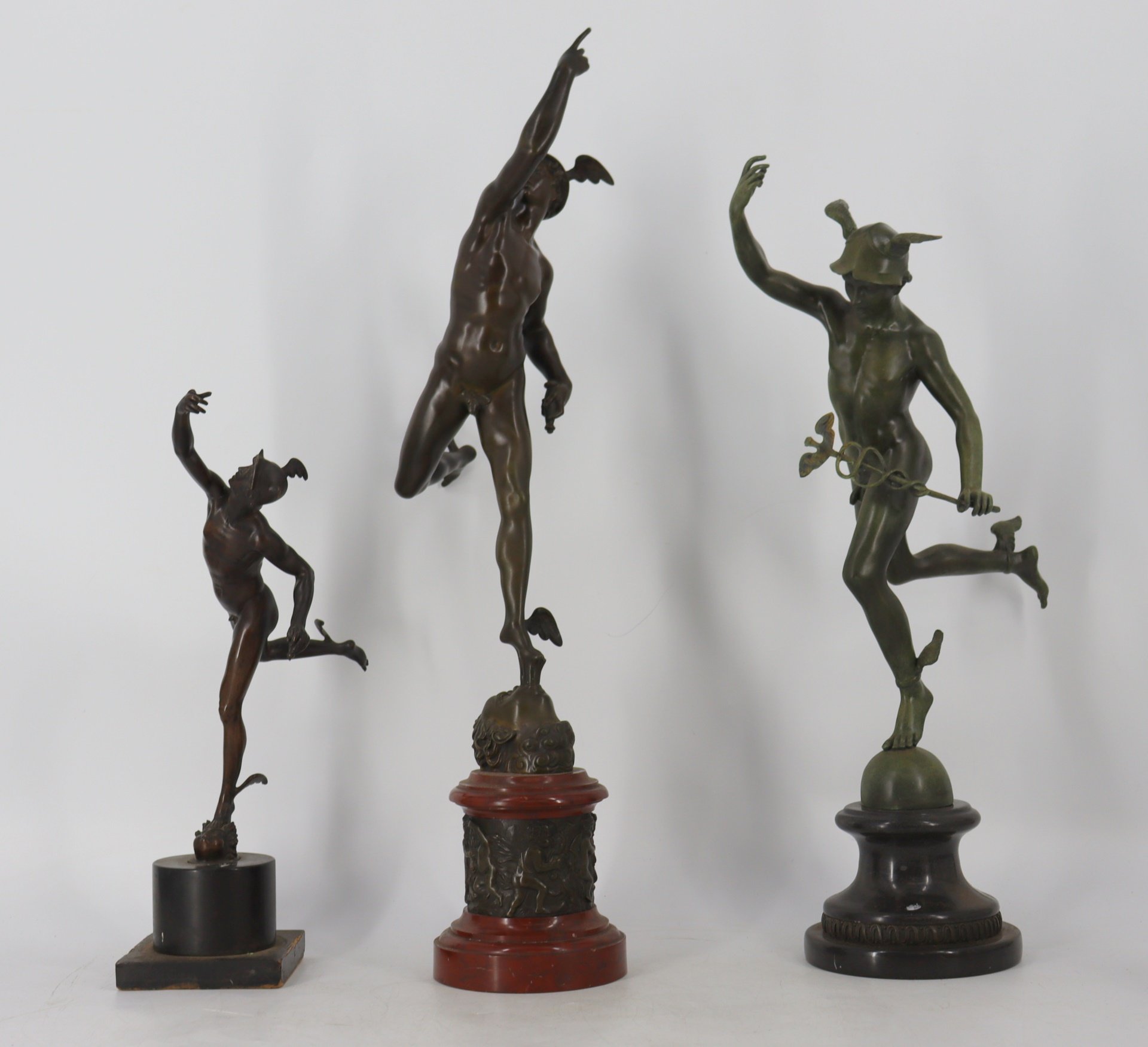 (3) FINE ANTIQUE BRONZE MERCURY SCULPTURES.