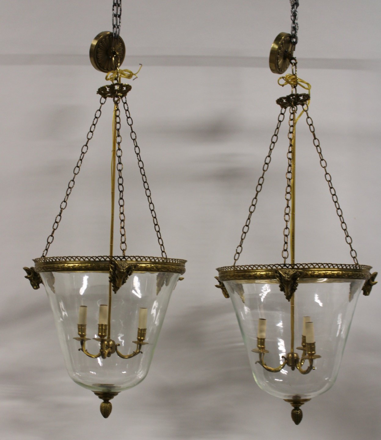 PR OF BRASS MOUNTED GLASS HURRICANE