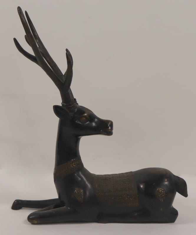 CHINESE BRONZE RESTING STAG. From