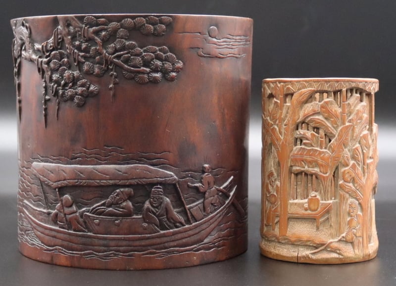  2 CHINESE CARVED WOOD BRUSH POTS  3b9d6d