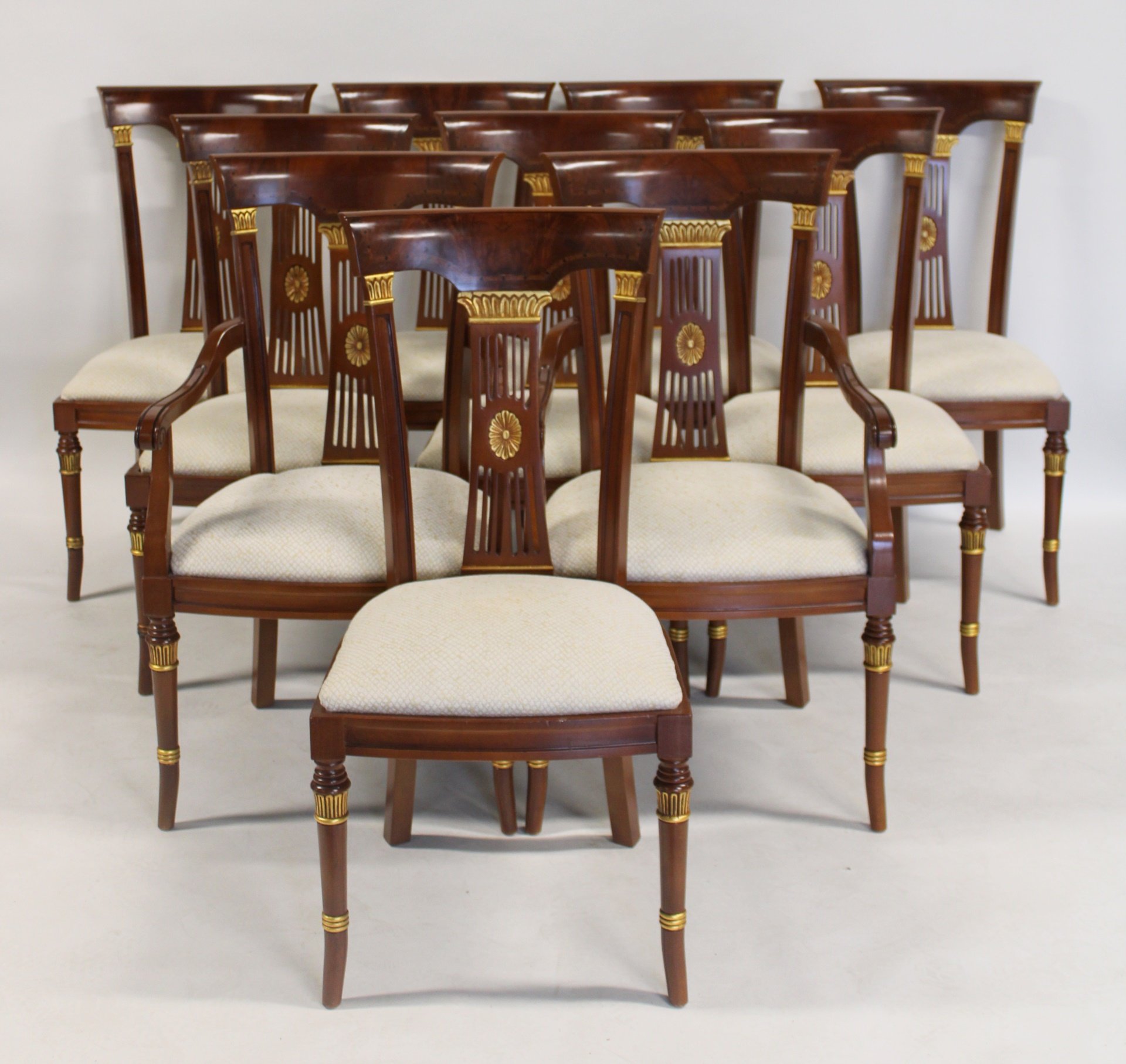 10 MAHOGANY CHAIRS WITH GILT DECORATION.