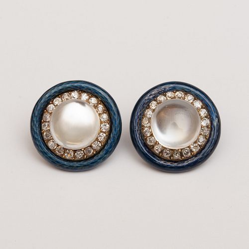 PAIR OF MOONSTONE, DIAMOND AND