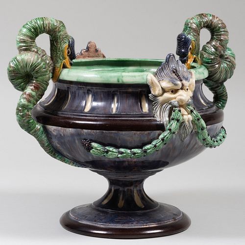 CONTINENTAL MAJOLICA URN WITH GOOSE