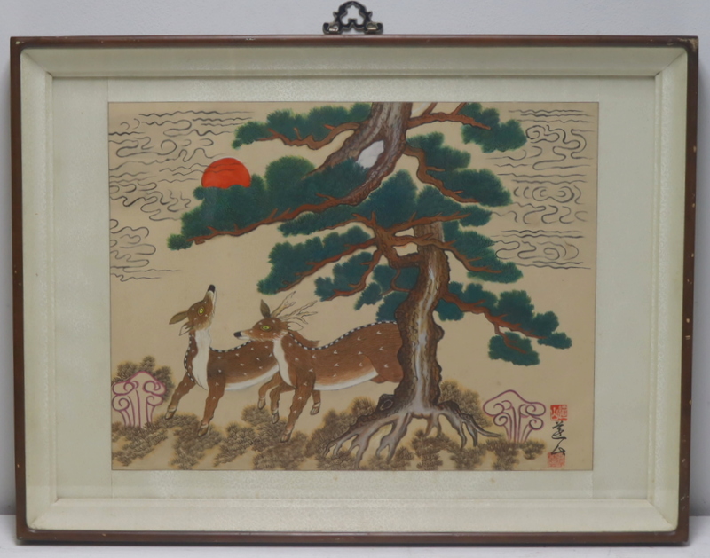SIGNED ASIAN PAINTING OF TWO DEER  3ba0d4