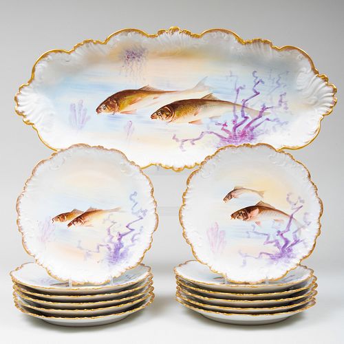 LIMOGES PORCELAIN FISH SERVICERed and