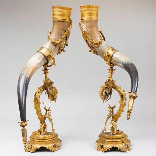 PAIR OF GILT METAL MOUNTED HORN 3ba306