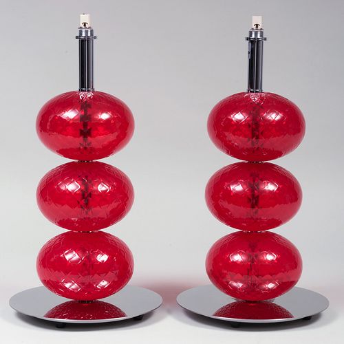 PAIR OF VENINI RED GLASS AND CHROME 3ba405