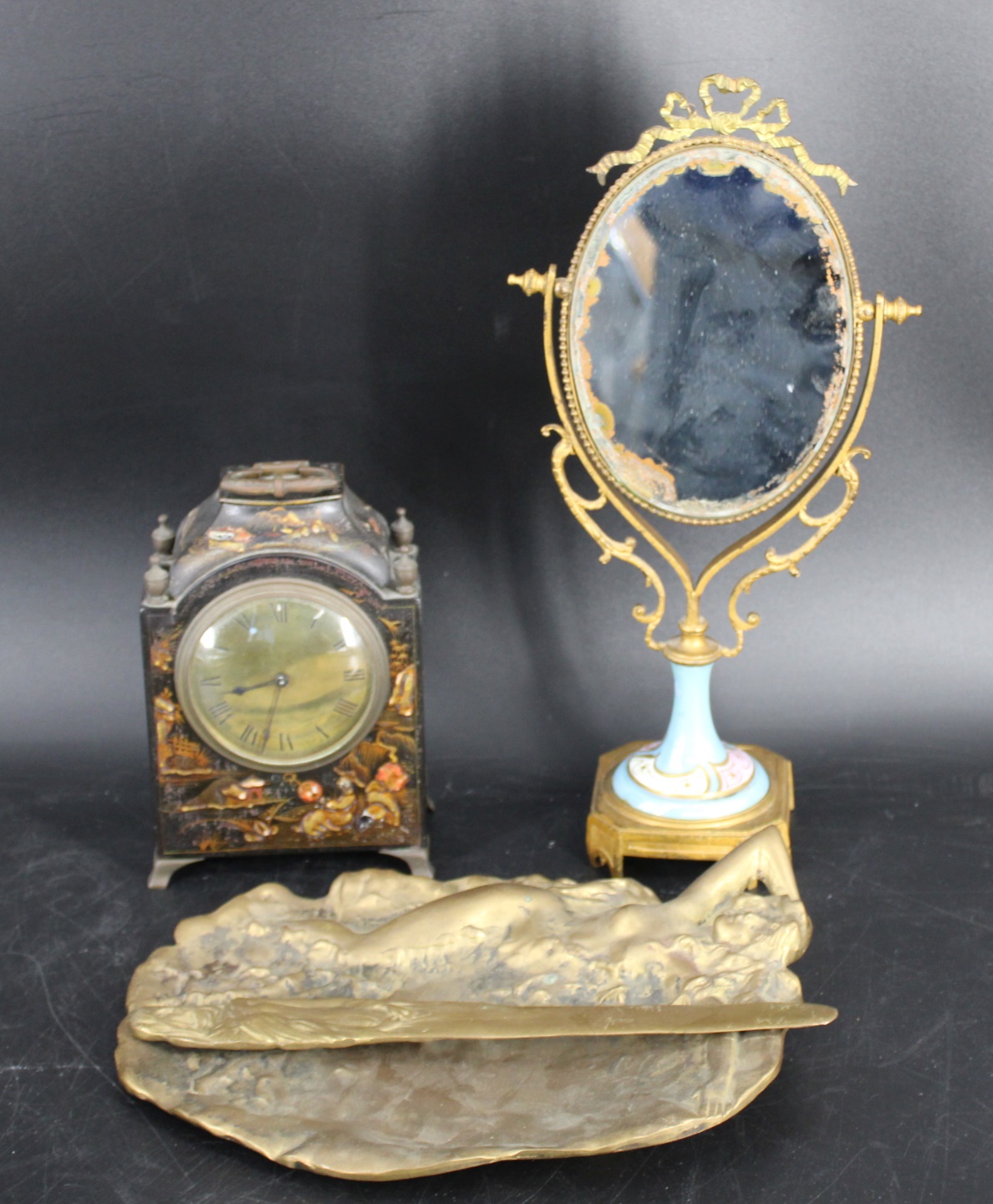 SEVRES MIRROR, CLOCK & BRONZE TRAY