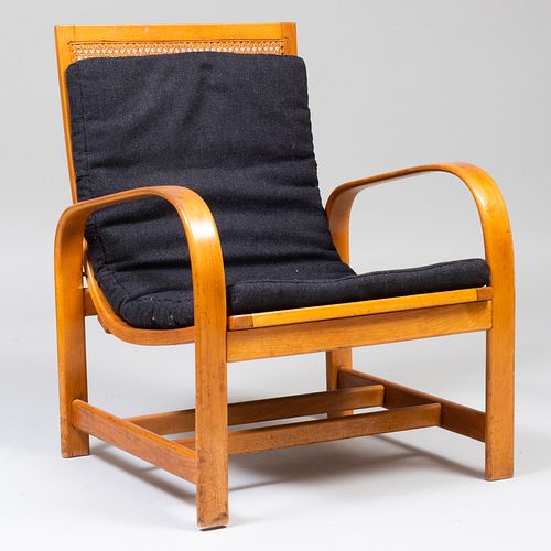 MODERN BENT WOOD AND CANED ARMCHAIRFitted