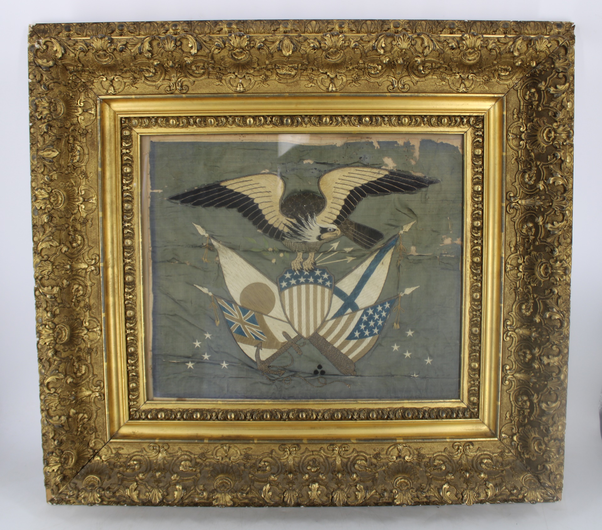 ANTIQUE FRAMED EAGLE & FLAGS AMERICANA