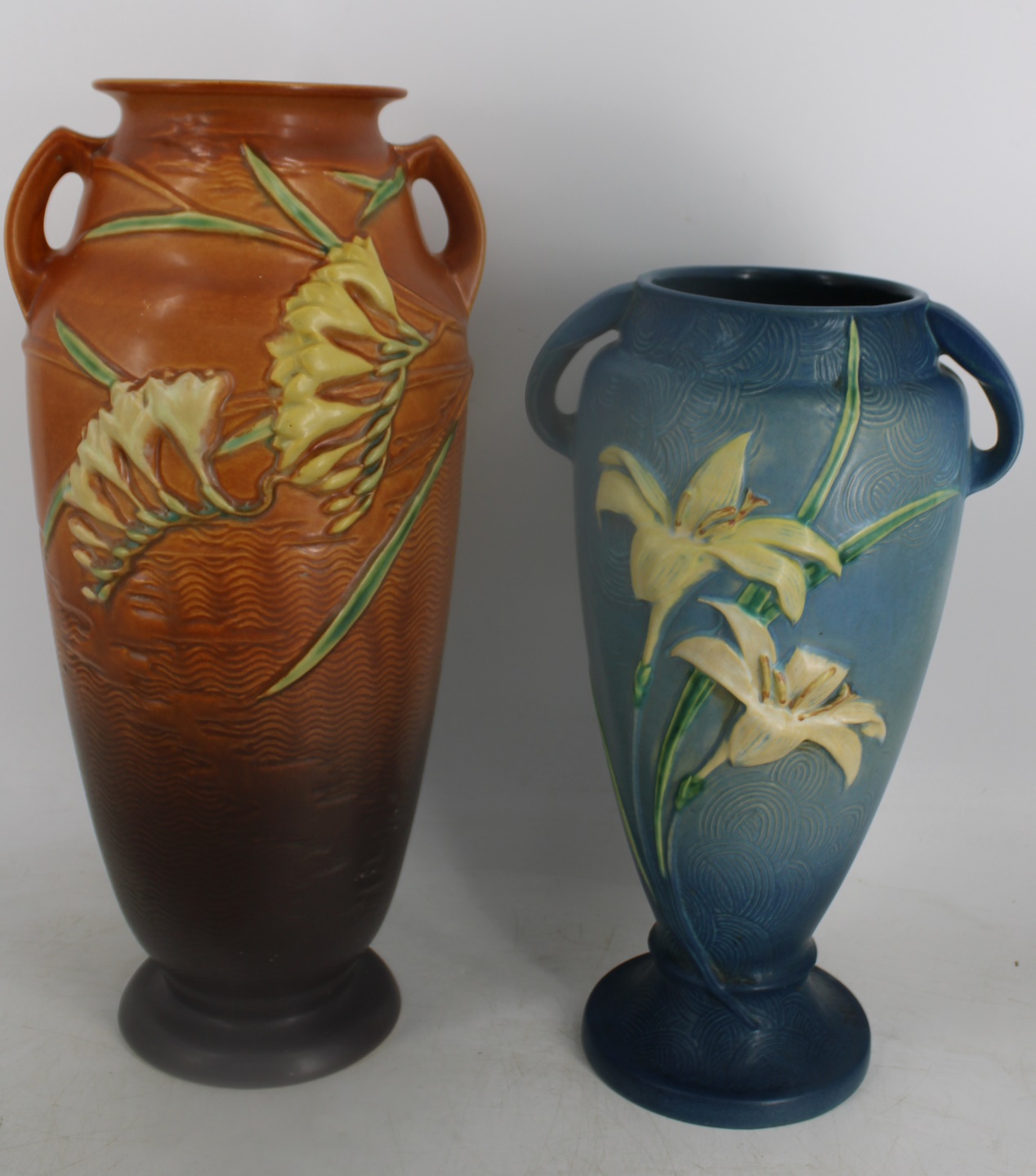 2 LARGE ROSEVILLE POTTERY VASES.