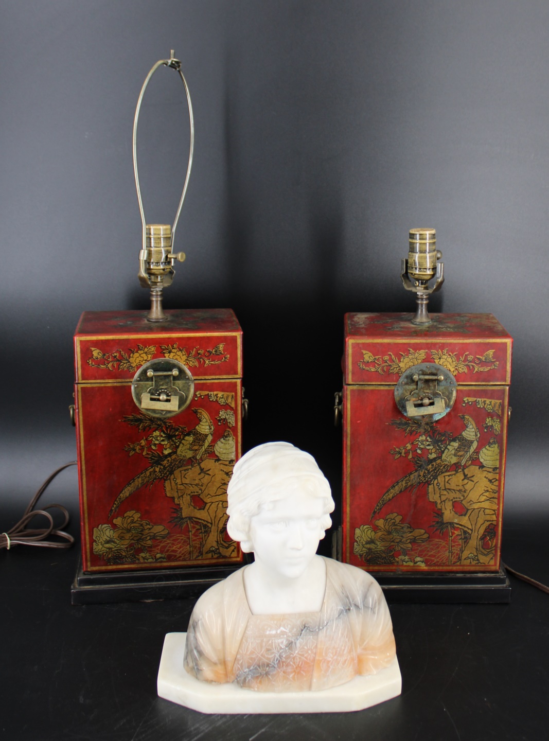 2 ANTIQUE LEATHER WRAPPED CHINOISERIE 3ba878